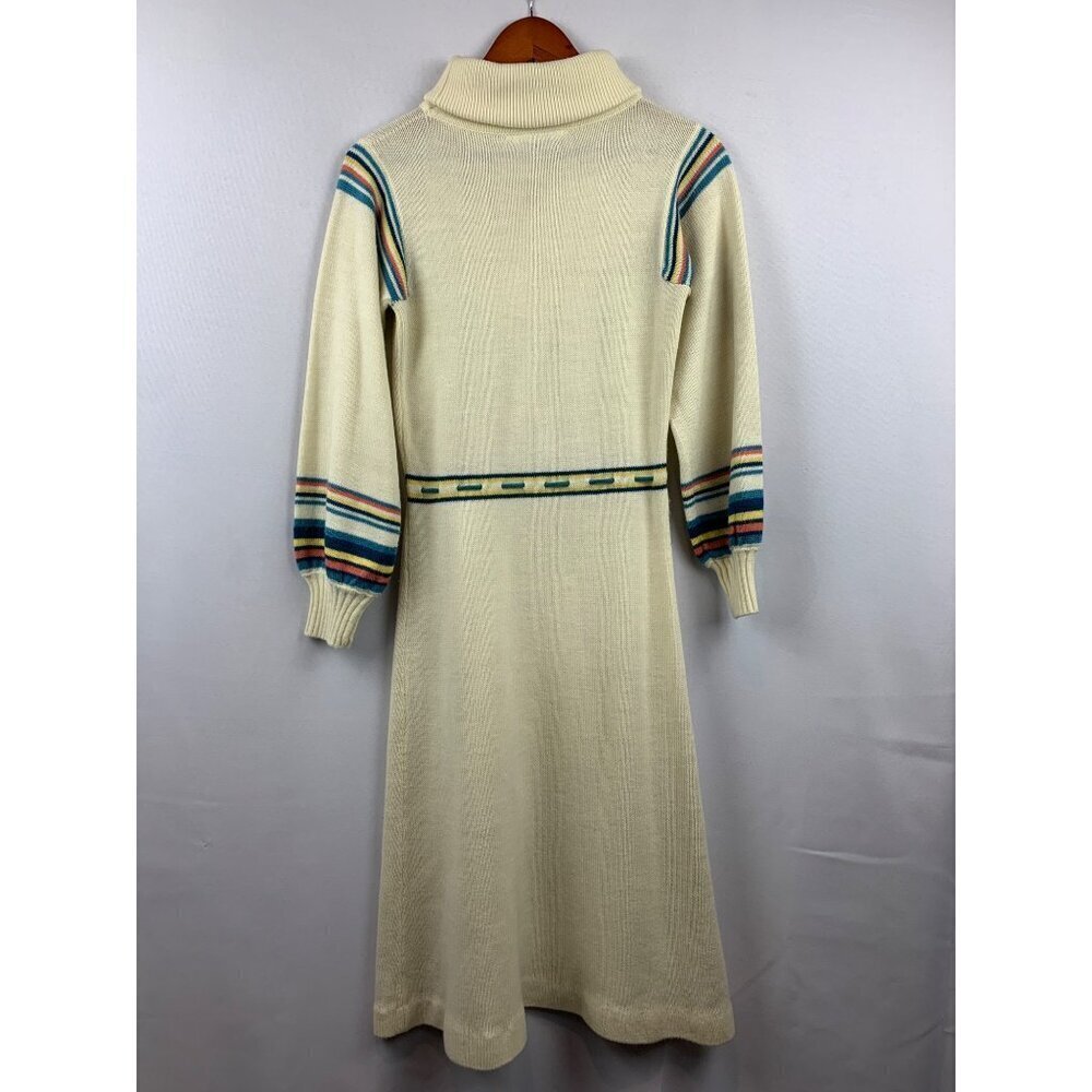 Vintage Cream Knit Dress With Striped Sleeves & Turtleneck - Picture 4 of 6